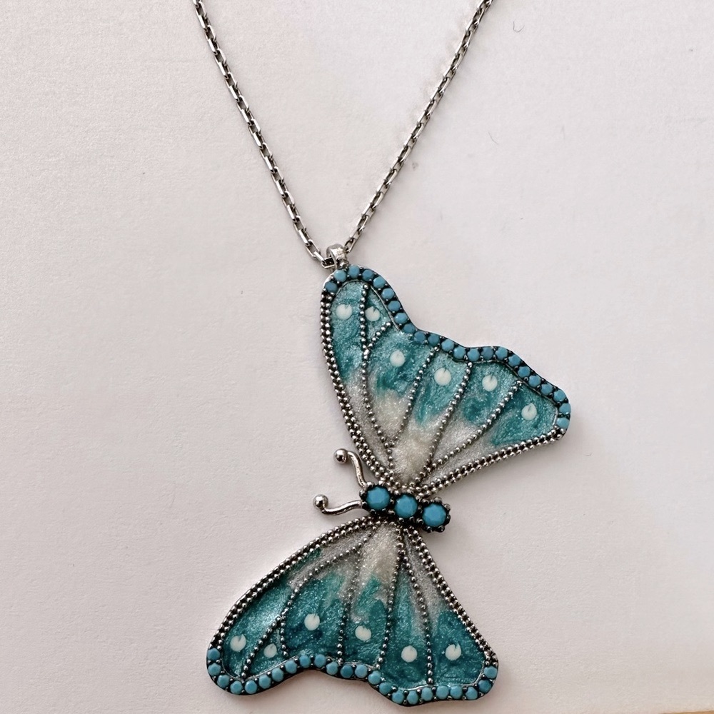 ๐ฆ925 Silver butterfly turquoise stones and enamel necklace handmade - Picture 2 of 4